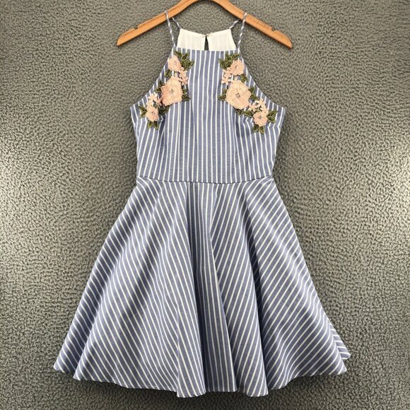 Jodi Kristopher Dress Womens 3 Blue Stripe Mini Fit & Flare Full Floral Applique - Picture 1 of 12
